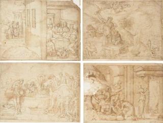 Bernard Salomon - Sarah complaining of Ishmael, and The Departure of Hagar and Ishmael (Gen. 21); The Sacrifice of Abraham (Gen. 22); Abraham\'s Servant asking Rebecca to drink (Gen. 22); and The Birth of Jacob and Esau (Gen. 25)