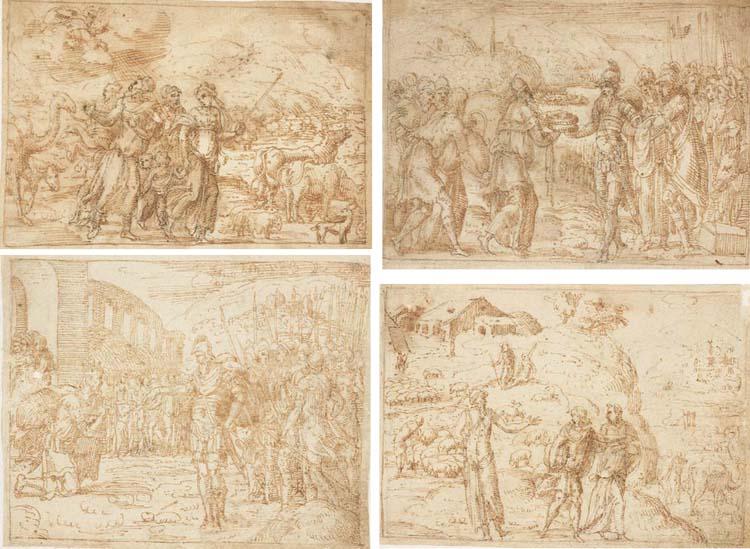 Bernard Salomon - The Calling of Abraham (Gen. 12); Abraham and Lot separate (Gen. 13); Abraham and Melchizedek (Gen. 14); and Abraham refusing the Goods (Gen. 14)