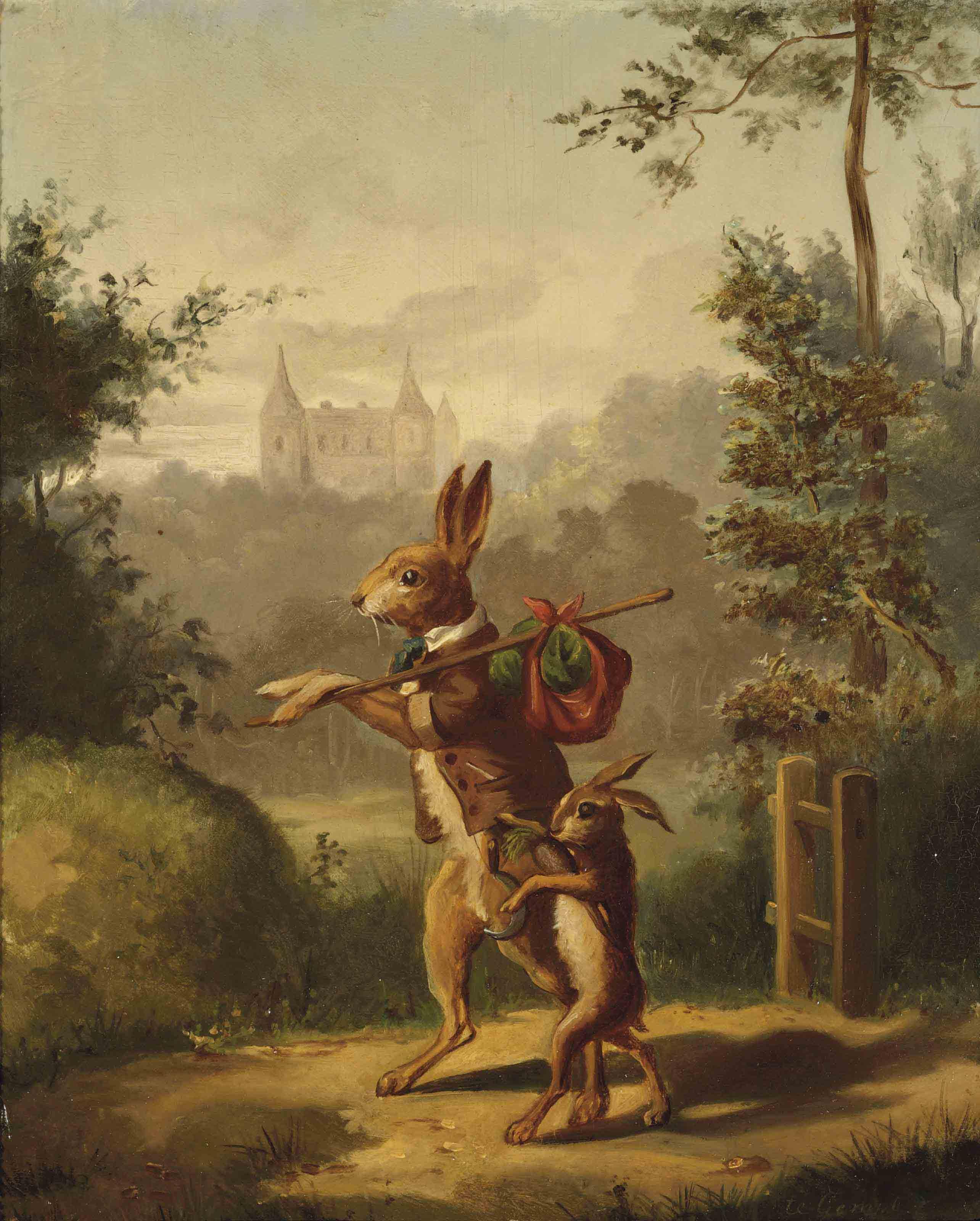 Bernard te Gempt - Two hares with a knapsack, a castle beyond