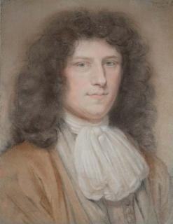 Bernard Vaillant - Portrait d\'un jeune homme portant un costume beige et une chemise à jabot