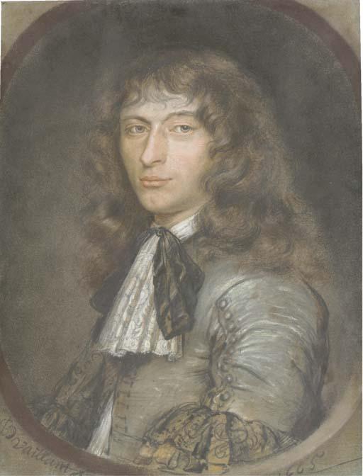 Bernard Vaillant - Portrait of A Young Gentleman, Half-Length, In A Grey Costume With Lace Jabot And Black Ribbon, In A Feigned Oval