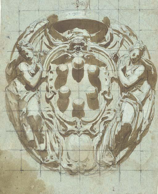 Bernardino Barbatelli - An Elaborate Cartouche With The Medici Arms Flanked By Figures of Justice And Wisdom
