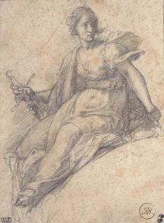 Bernardino Barbatelli - Fortitude holding a sword, seated and turning to the right
