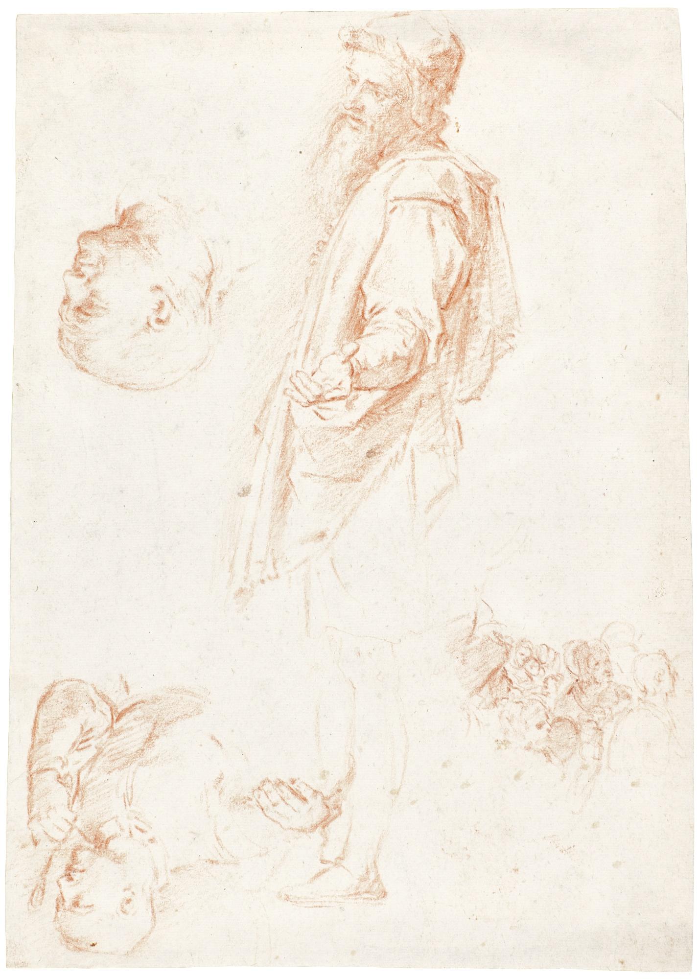 Bernardino Barbatelli - Study Of A Standing Man, His Hand Outstretched And Various Other Studies; Two Separate Studies Of A Man\'S Head And A Group Of Figure Studies