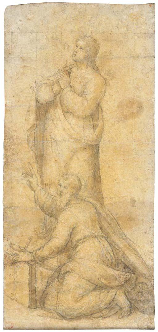 Bernardino Campi - Saint Jean-Baptiste en prière avec un saint agenouillé appuyé sur un livre