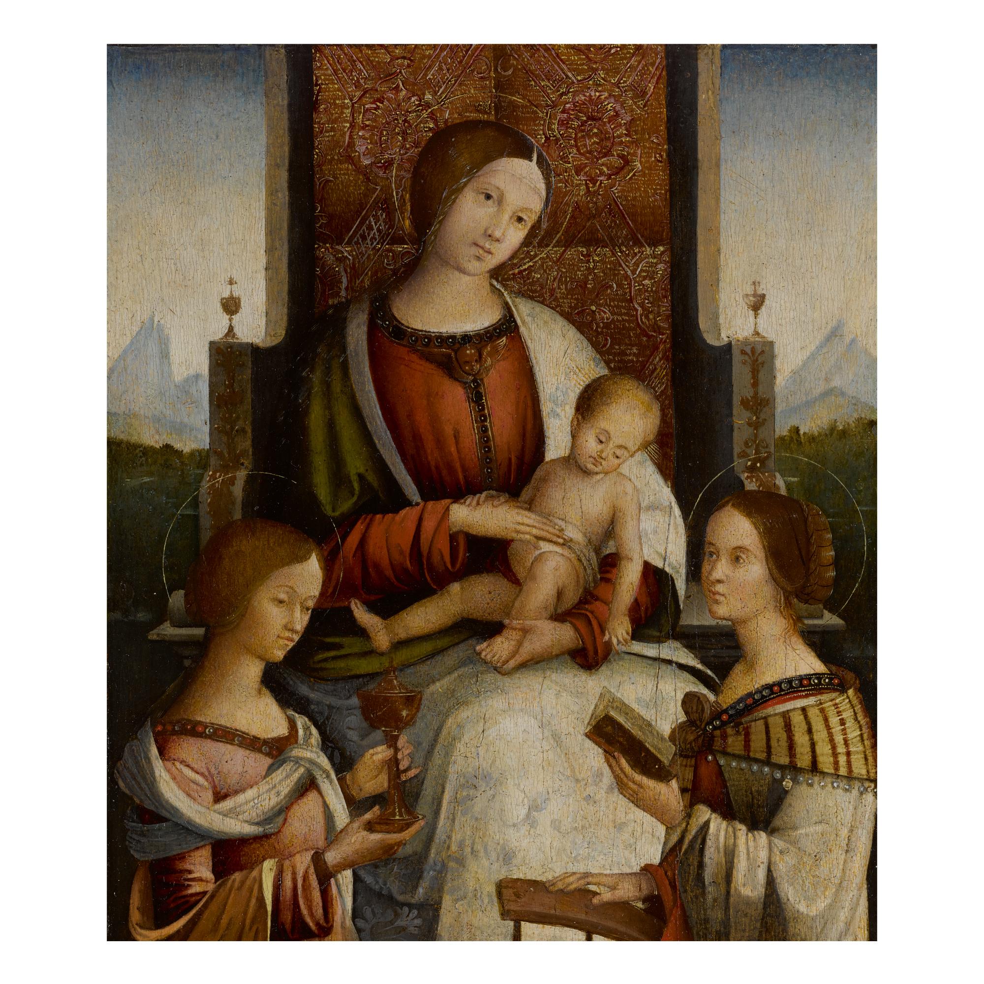 Bernardino Di Bosio Zaganelli - Madonna And Child Enthroned With Saints Mary Magdalene And Catherine Of Alexandria Before A Ledge, A Landscape B...