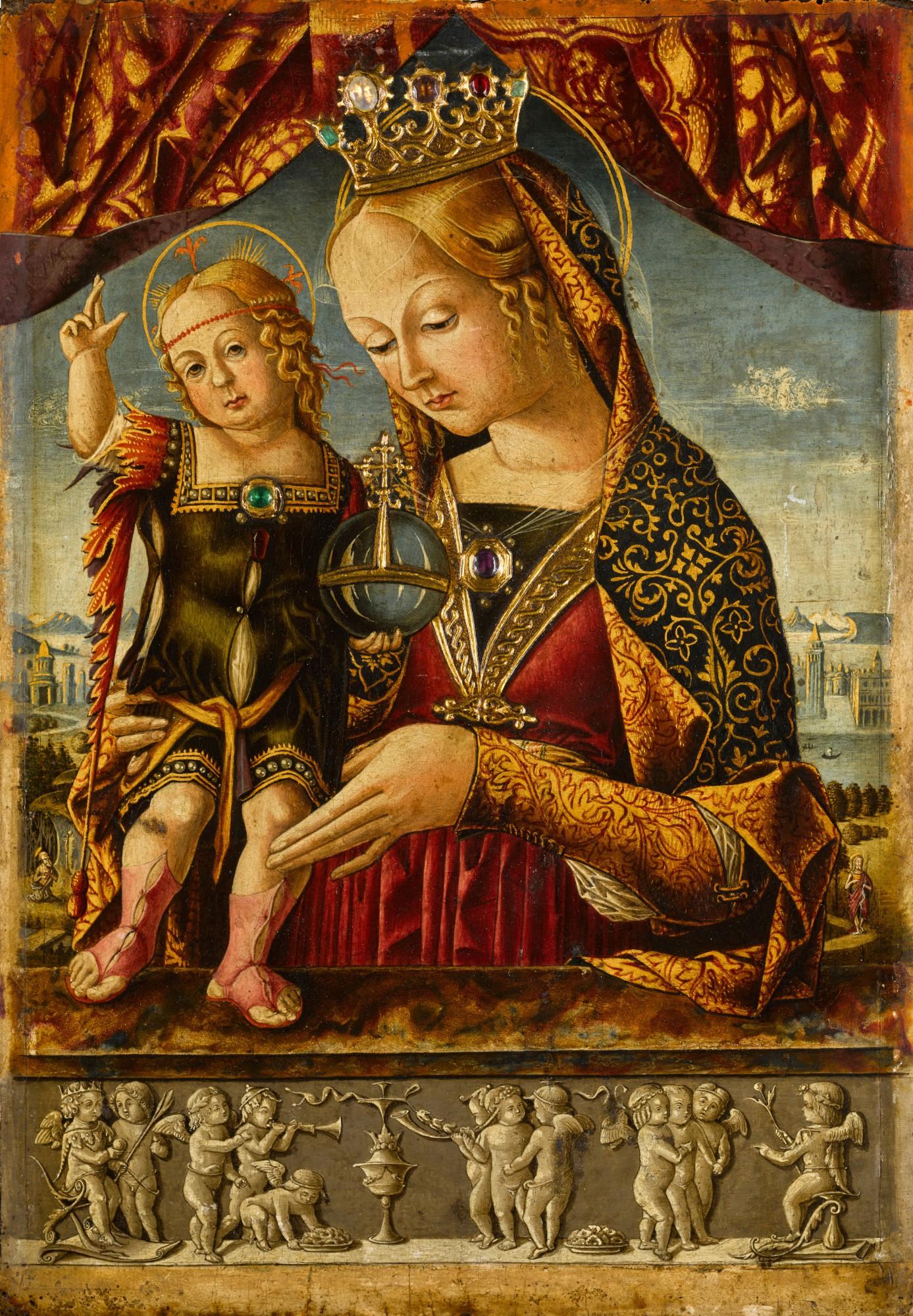 Bernardino di Mariotto dello Stagno - The Virgin and Child, a landscape beyond with Saint Jerome and Saint John and a view of Venice, with a feigned bas-relief of putti at play