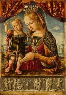 Bernardino di Mariotto dello Stagno - The Virgin and Child, a landscape beyond with Saint Jerome and Saint John and a view of Venice, with a feigned bas-relief of putti at play