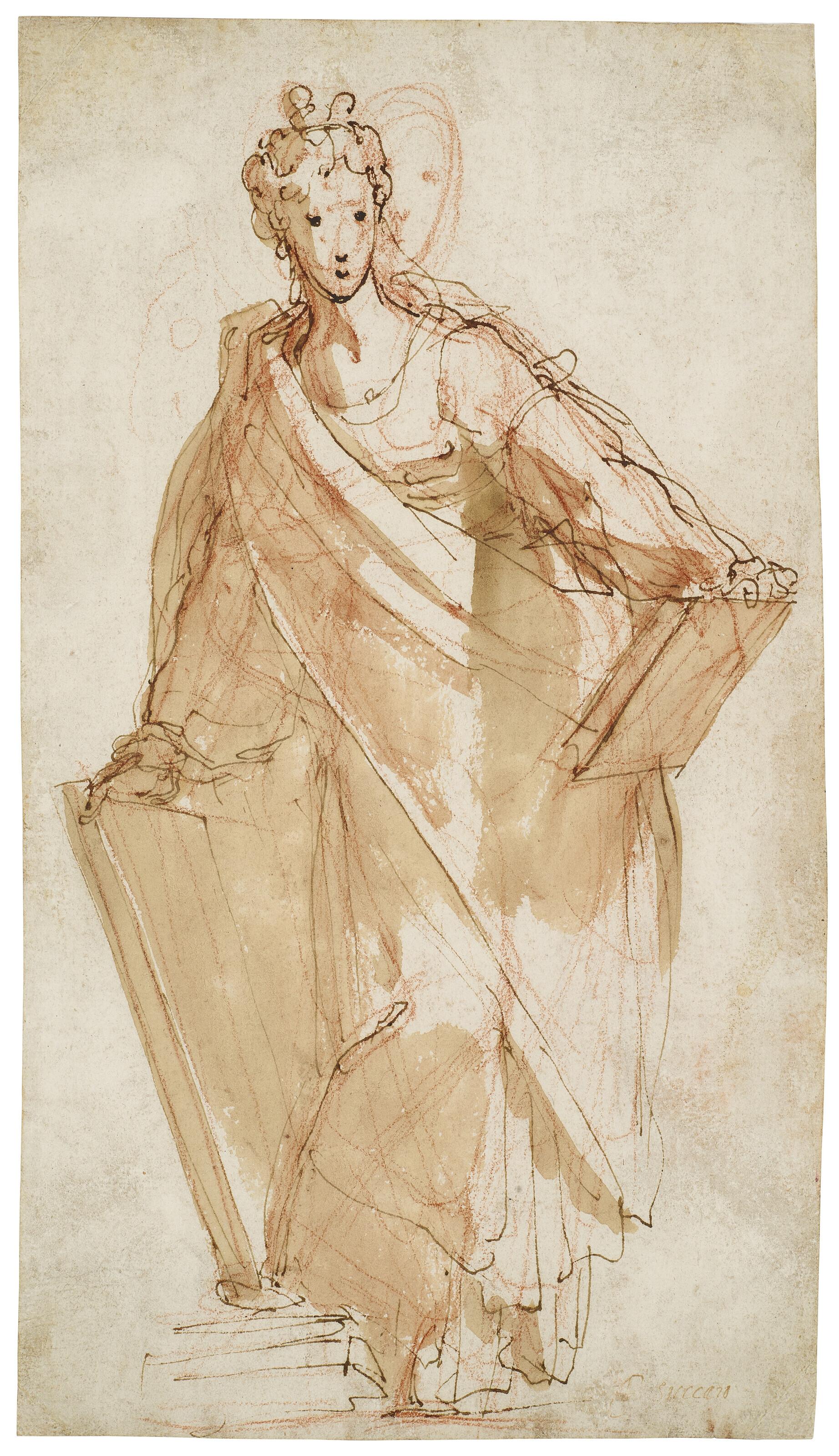 Bernardino India - A Sibyl holding tablets (recto); Design for a ceiling with tritons, putti and a coat of arms (verso)