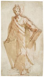 Bernardino India - A Sibyl holding tablets (recto); Design for a ceiling with tritons, putti and a coat of arms (verso)