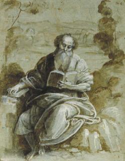 Bernardino Lanino - An Evangelist seated in a wooded landscape