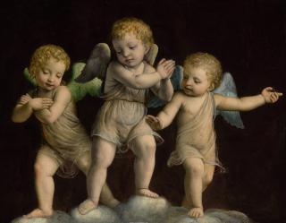 Bernardino Luini - Three Putti Standing Atop Clouds, Gazing Downward In Adoration