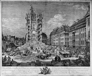 Bernardo Bellotto - Vue de Débris de la Croix, qui s\'écroula le 22me de Juin 1765, dans le Tems qu\'on commencoit a relever l\'Eglise, laquelle avait péri par le Bombardement de la Ville de Dresde, en 1760