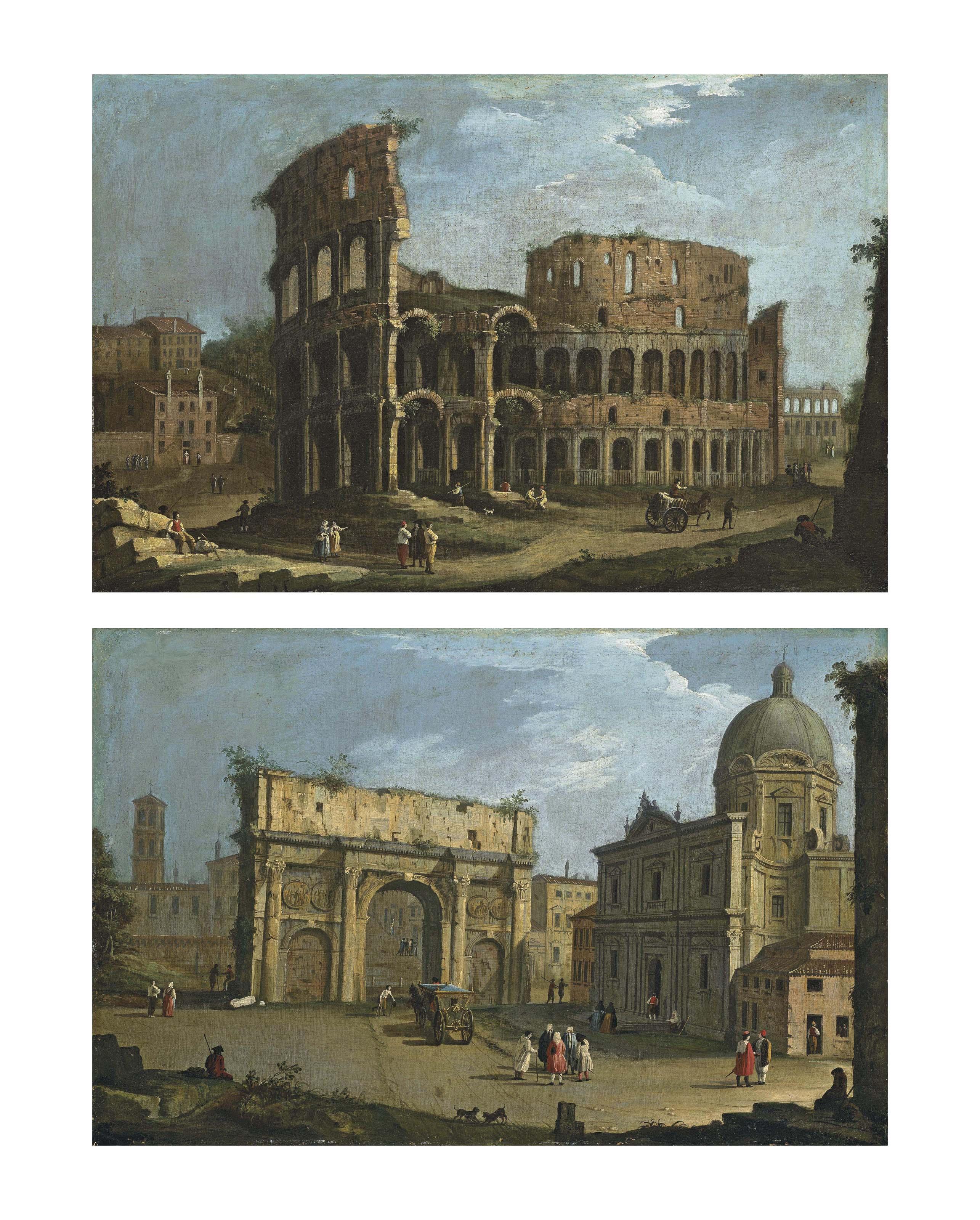 Bernardo Canal - Views of Rome: The Colosseum; and The Arch of Septimius Severus, with the church of San Luca and Santa Martina