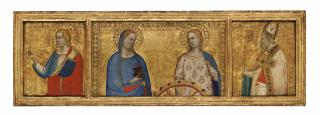 Bernardo Daddi - Saints Lucy and Catherine of Alexandria; Saint John the Evangelist; and Saint Nicholas of Bari (?): Predella panels from the S. Giorgio a Ruballa altarpiece