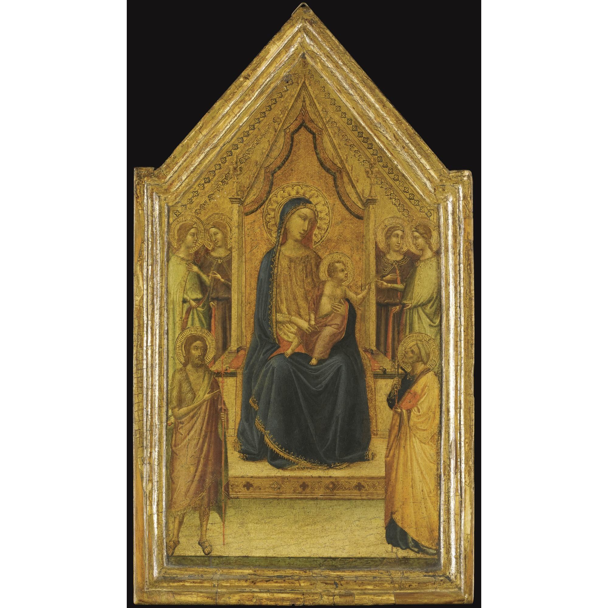 Bernardo Daddi - The Central Panel Of A Tabernacle: The Madonna And Child Enthroned Flanked By Four Angels And Saints John The Baptist And Peter