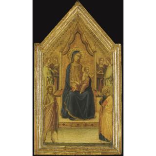Bernardo Daddi - The Central Panel Of A Tabernacle: The Madonna And Child Enthroned Flanked By Four Angels And Saints John The Baptist And Peter