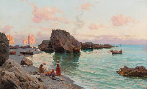 Bernardo Hay - A coastal inlet with figures on a beach, Capri