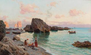 Bernardo Hay - A coastal inlet with figures on a beach, Capri