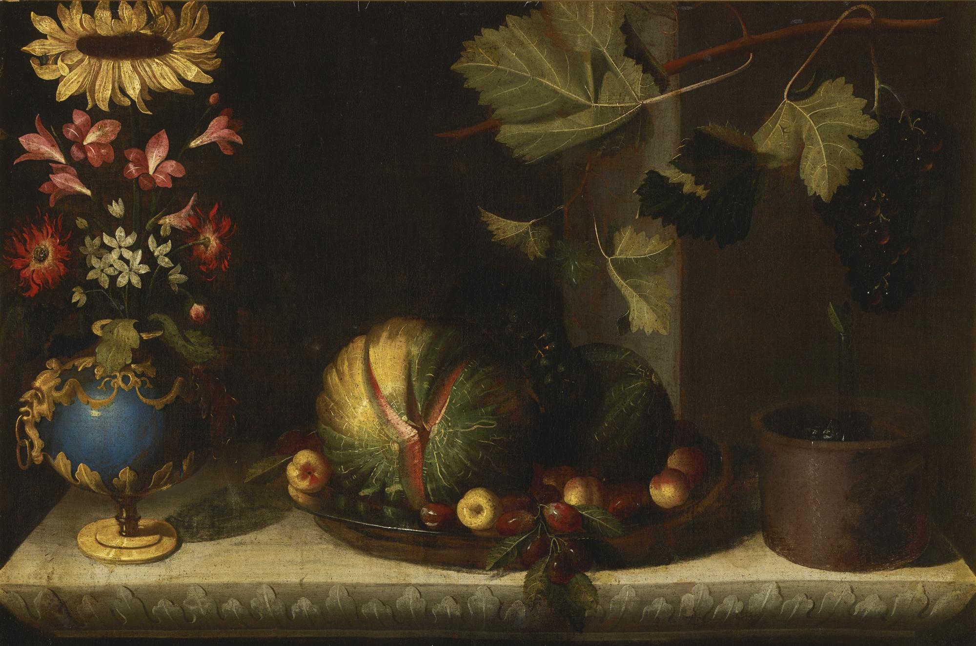 Bernardo Polo - Still Life Of A Sunflower And Other Blooms In A Gilt-Mounted Bluestone Vase, Together With Melons, Apricots, Grapes And Plums In A Pewter Dish Alongside A Planter With Grapes On A Vine Branch, All On A Carved Marble Ledge