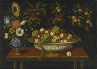 Bernardo Polo - Still Life Of Artichokes, Cherries And Peaches In A Ceramic Bowl With A Vase Of Flowers, On A Table