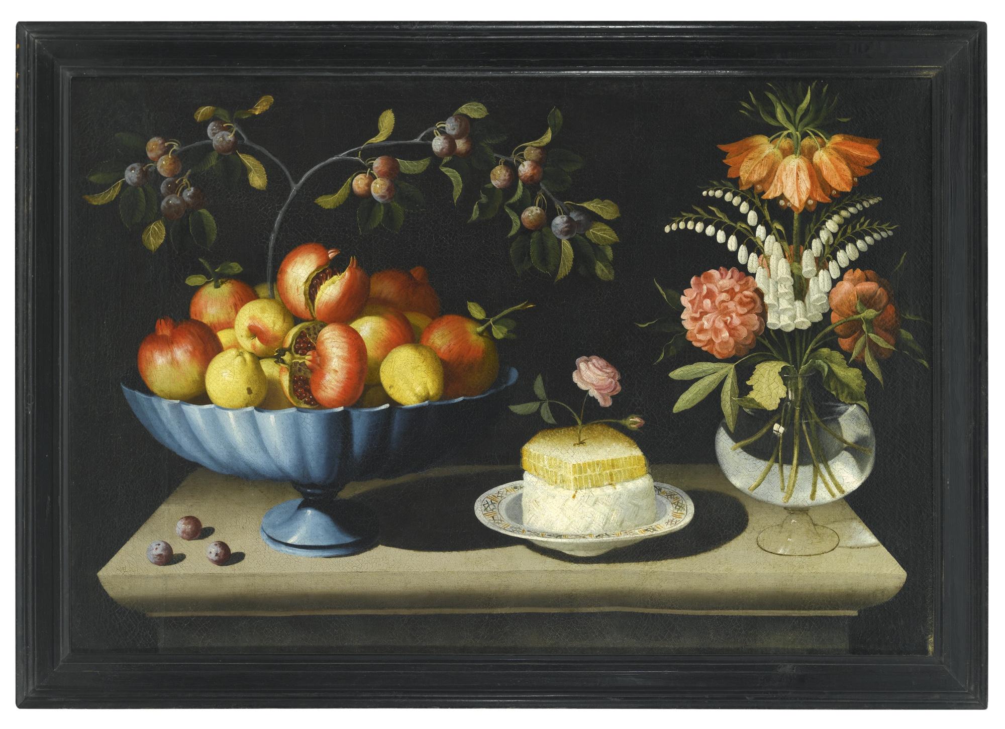 Bernardo Polo - Still Life With A Blue Bowl Of Pomegranates And Peaches, A Plate Of White Cheese With A Honeycomb And A Rose, And Flowers In A Glass Vase