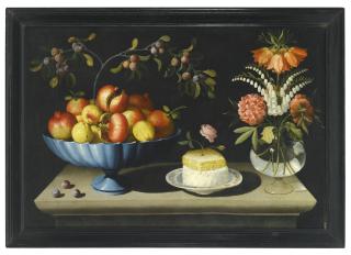 Bernardo Polo - Still Life With A Blue Bowl Of Pomegranates And Peaches, A Plate Of White Cheese With A Honeycomb And A Rose, And Flowers In A Glass Vase