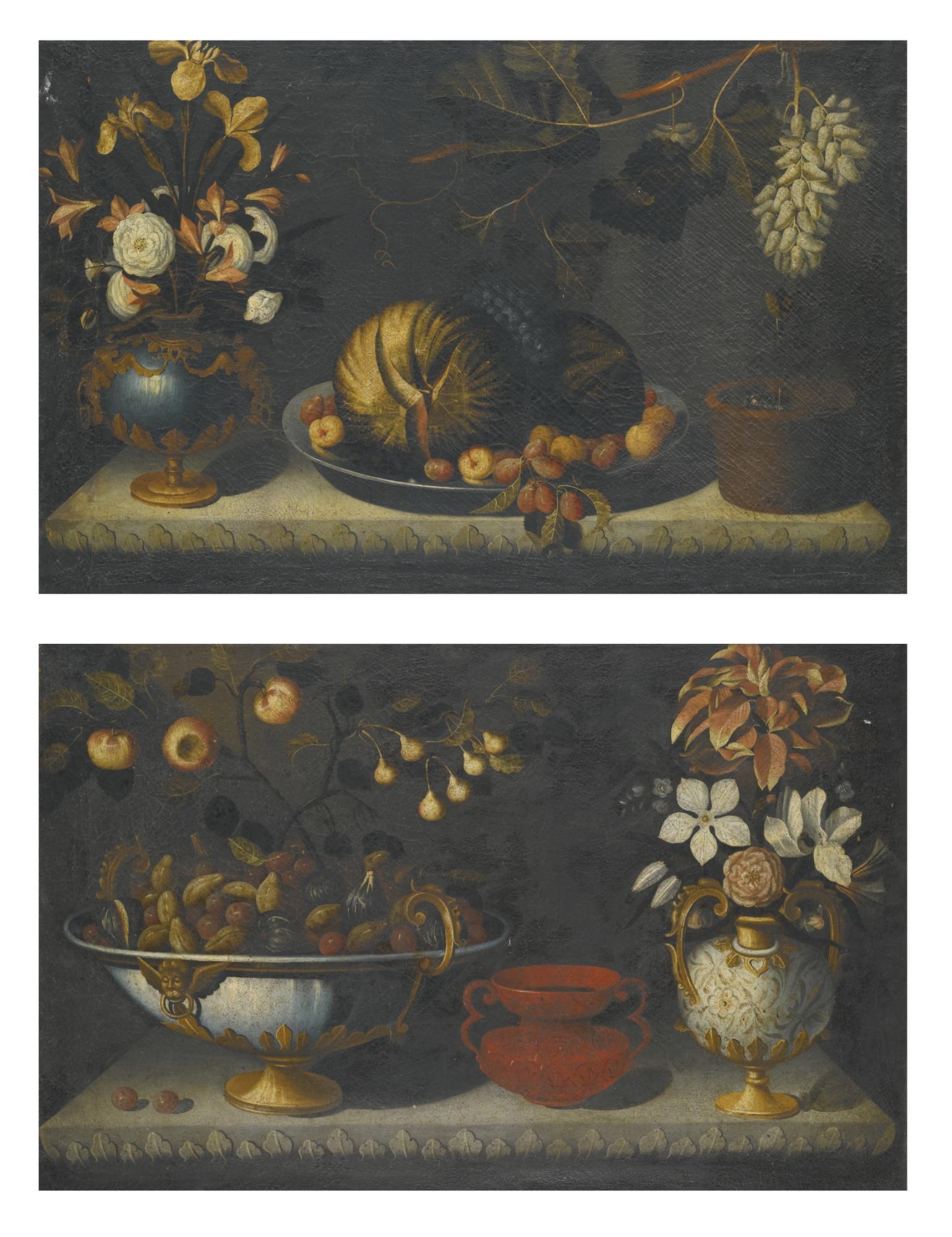 Bernardo Polo - Still Life With A Watermelon On A Pewter Dish, Next To Gilt-Mounted Bluestone Urn Of Flowers; Still Life With Plums And Figs In A Gilt-Mounted Bowl, With A Gilt-Mounted Urn Of Flowers To The Right