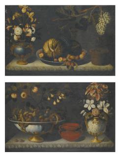 Bernardo Polo - Still Life With A Watermelon On A Pewter Dish, Next To Gilt-Mounted Bluestone Urn Of Flowers; Still Life With Plums And Figs In A Gilt-Mounted Bowl, With A Gilt-Mounted Urn Of Flowers To The Right