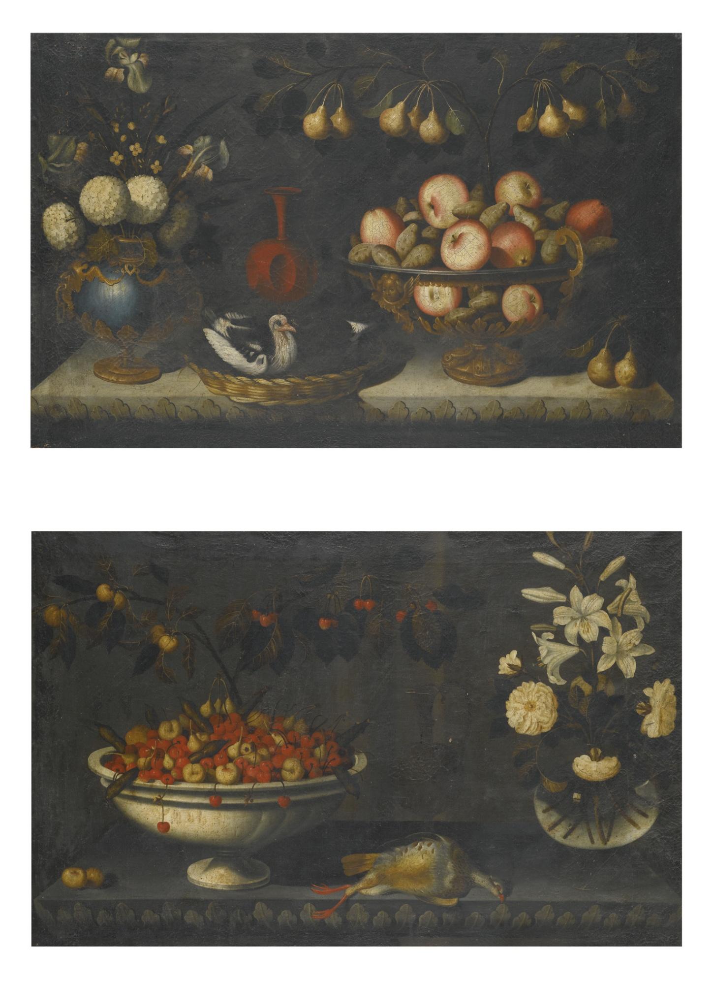 Bernardo Polo - Still Life With Flowers In A Gilt-Mounted Bluestone Vase And A Bowl Of Apples With A Sprig Of Pears; Still Life With A Bowl Of Cherries And Other Fruit, A Glass Vase Of Lilies To The Right