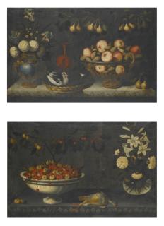 Bernardo Polo - Still Life With Flowers In A Gilt-Mounted Bluestone Vase And A Bowl Of Apples With A Sprig Of Pears; Still Life With A Bowl Of Cherries And Other Fruit, A Glass Vase Of Lilies To The Right