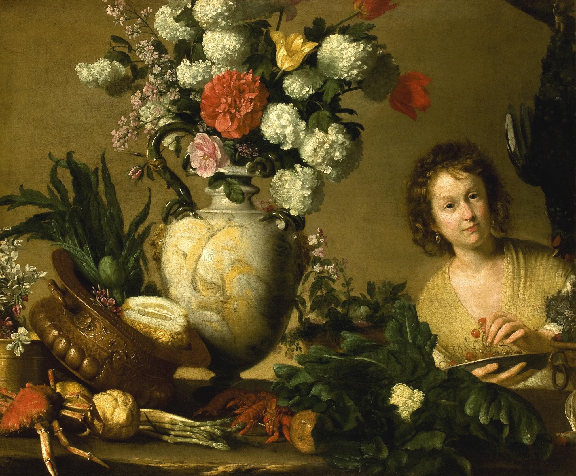 Bernardo Strozzi - A Still Life Of Flowers, Fruit, Vegetables And Seafood On A Ledge, With A Figure Holding A Plate Of Cherries And A Cockerel Hanging In The Background