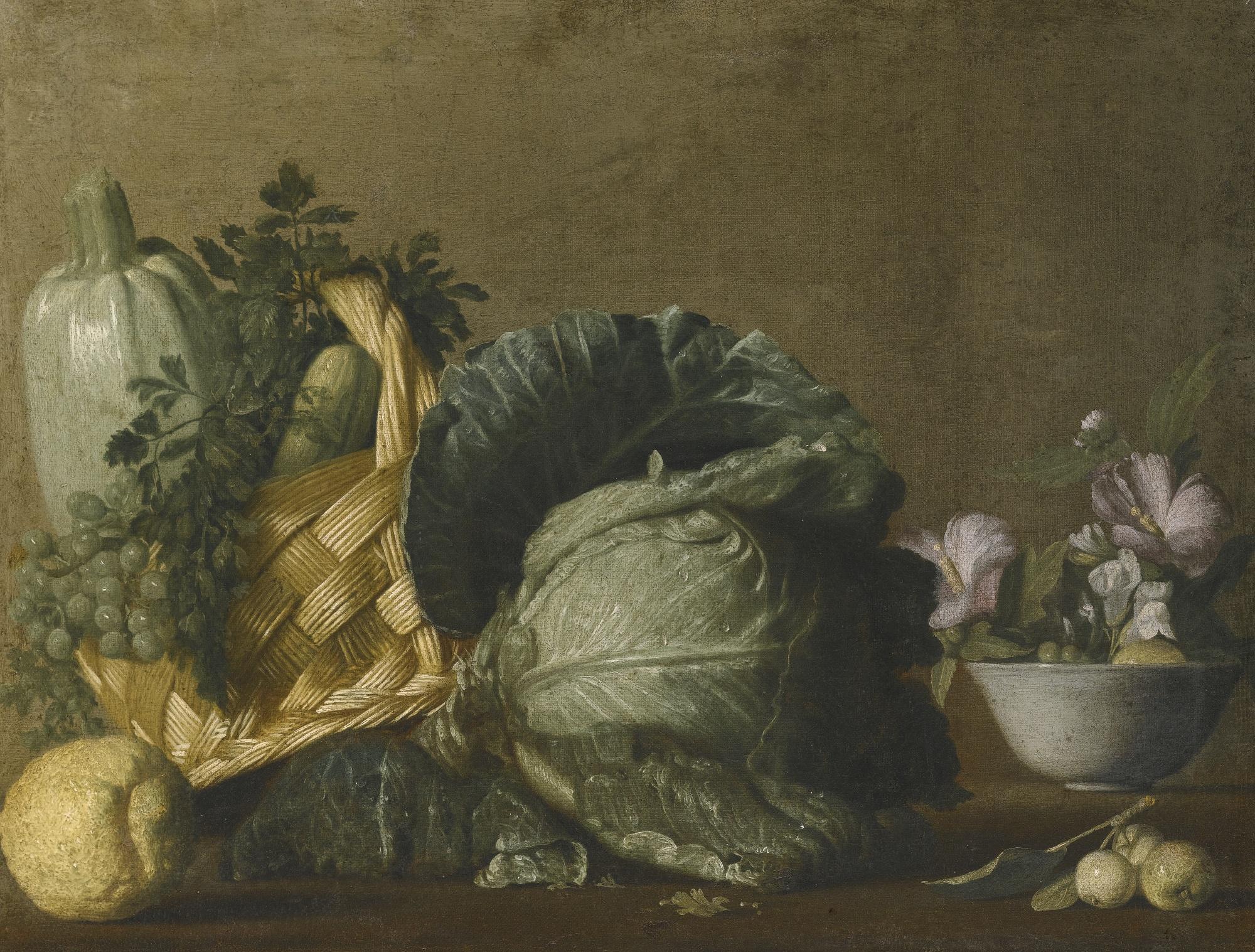 Bernardo Strozzi - A Still Life With A Marrow, A Courgette And Grapes In A Wicker Basket, Beside A Cabbage, Lemon And Flowers In A Bowl
