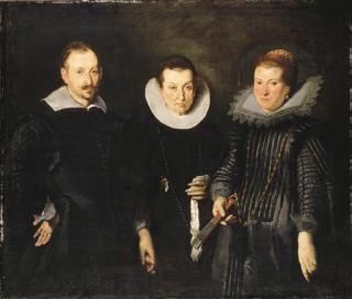Bernardo Strozzi - Group Portrait Of Marchese Agostino Di Tomaso Franzone, His Wife, Camilla, Née Monsia Di Bartolomeo, And Their Daughter, Maria Brigida, Half-Length