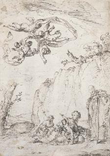 Bernardo Strozzi - The Holy Family With The Infant Baptist, Putti With Banners Above