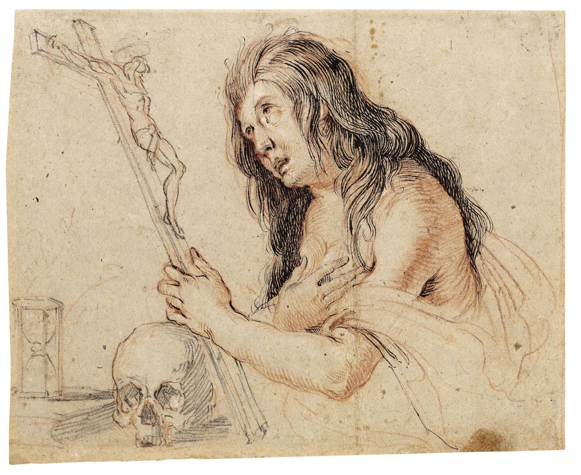 Bernardo Strozzi - The Penitent Magdalene Holding A Crucifix Resting On A Skull