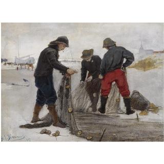 Bernardus Johannes Blommers - Dutch Fishermen Mending The Nets On Scheveningen Beach