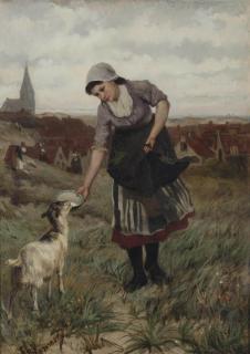 Bernardus Johannes Blommers - Girl feeding a little goat, Scheveningen