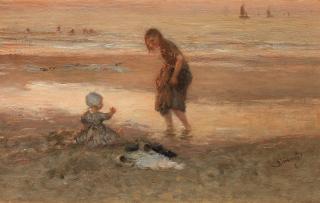 Bernardus Johannes Blommers - Paddling at low tide, sunset