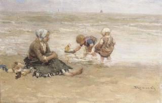 Bernardus Johannes Blommers - Pootje baden: children playing on the beach