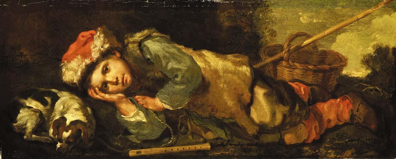 Bernhard Keil - A recumbent shepherd boy with a sleeping dog by his side, a wicker basket at his feet