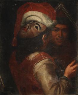 Bernhard Keil - A woman wearing a carnival mask and hat, holding a mirror