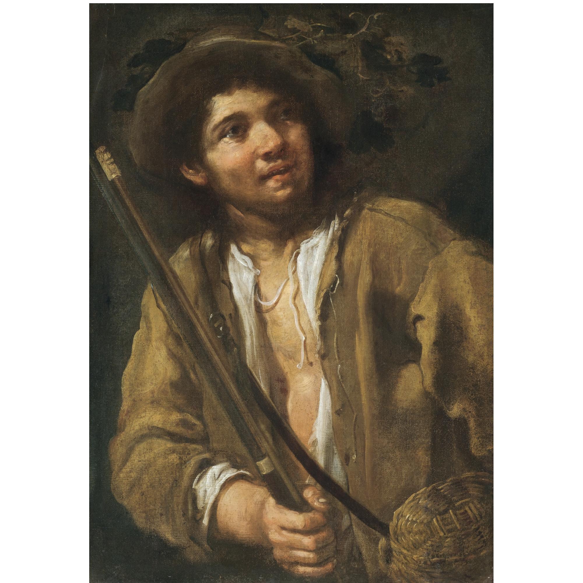 Bernhard Keil - A Young Hunter, Half Length, Holding A Musket And A Basket
