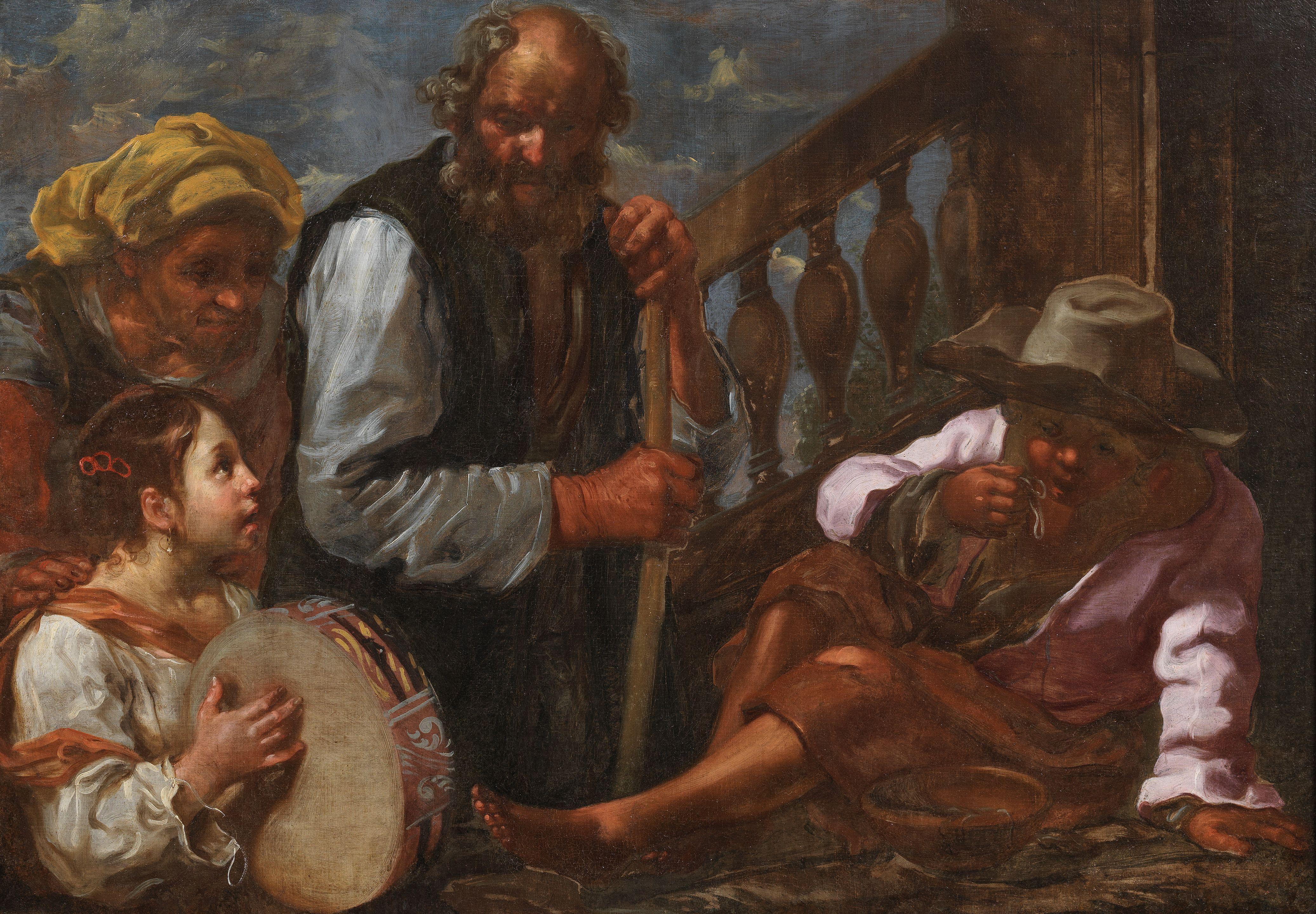 Bernhard Keil - An elderly couple with a young girl holding a tambourine and a boy eating beans