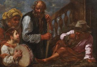 Bernhard Keil - An elderly couple with a young girl holding a tambourine and a boy eating beans