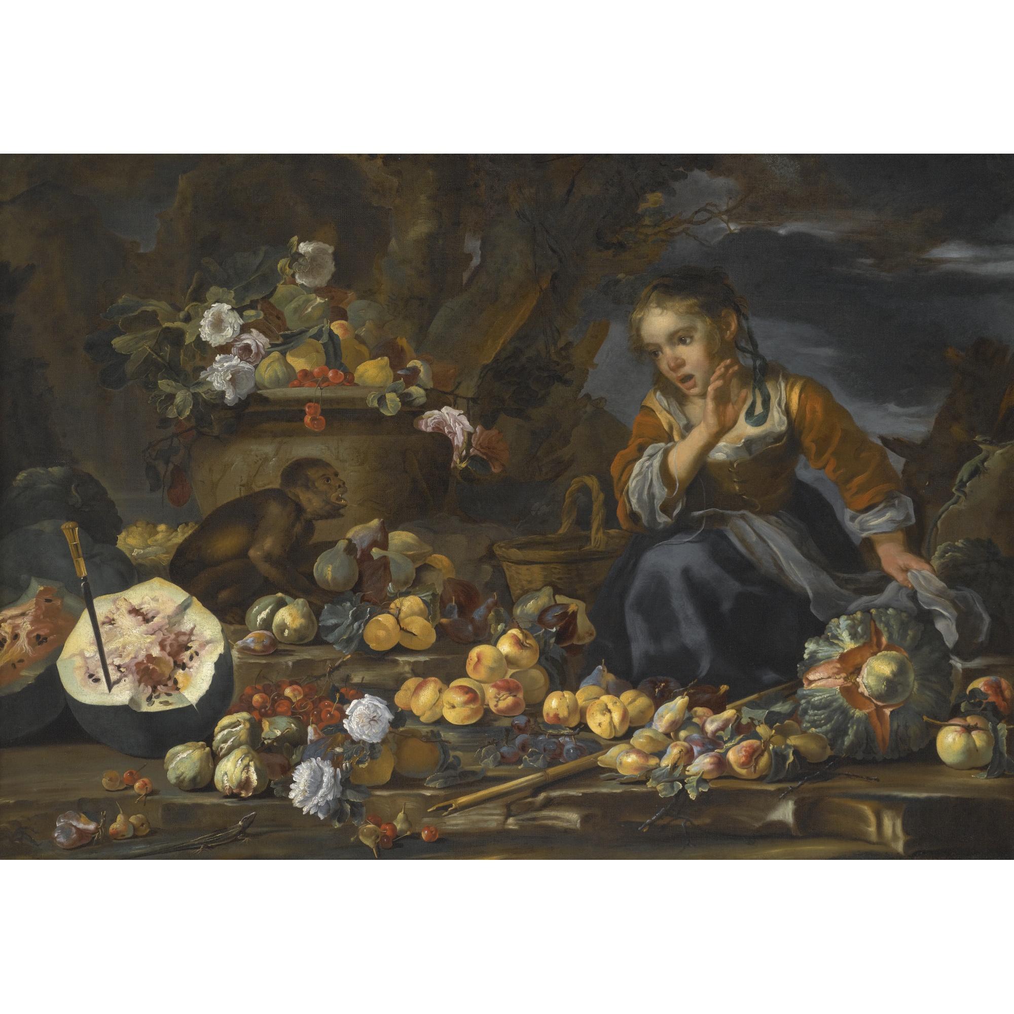 Bernhard Keil - Still Life Of Watermelons, Apples, Figs, Pomegranates, Flowers And Peaches, With A Young Girl Startled By A Monkey