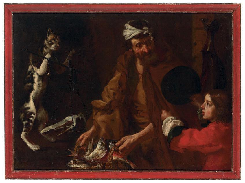 Bernhard Keilhau - A fishmonger with a boy and a cat weighing ham