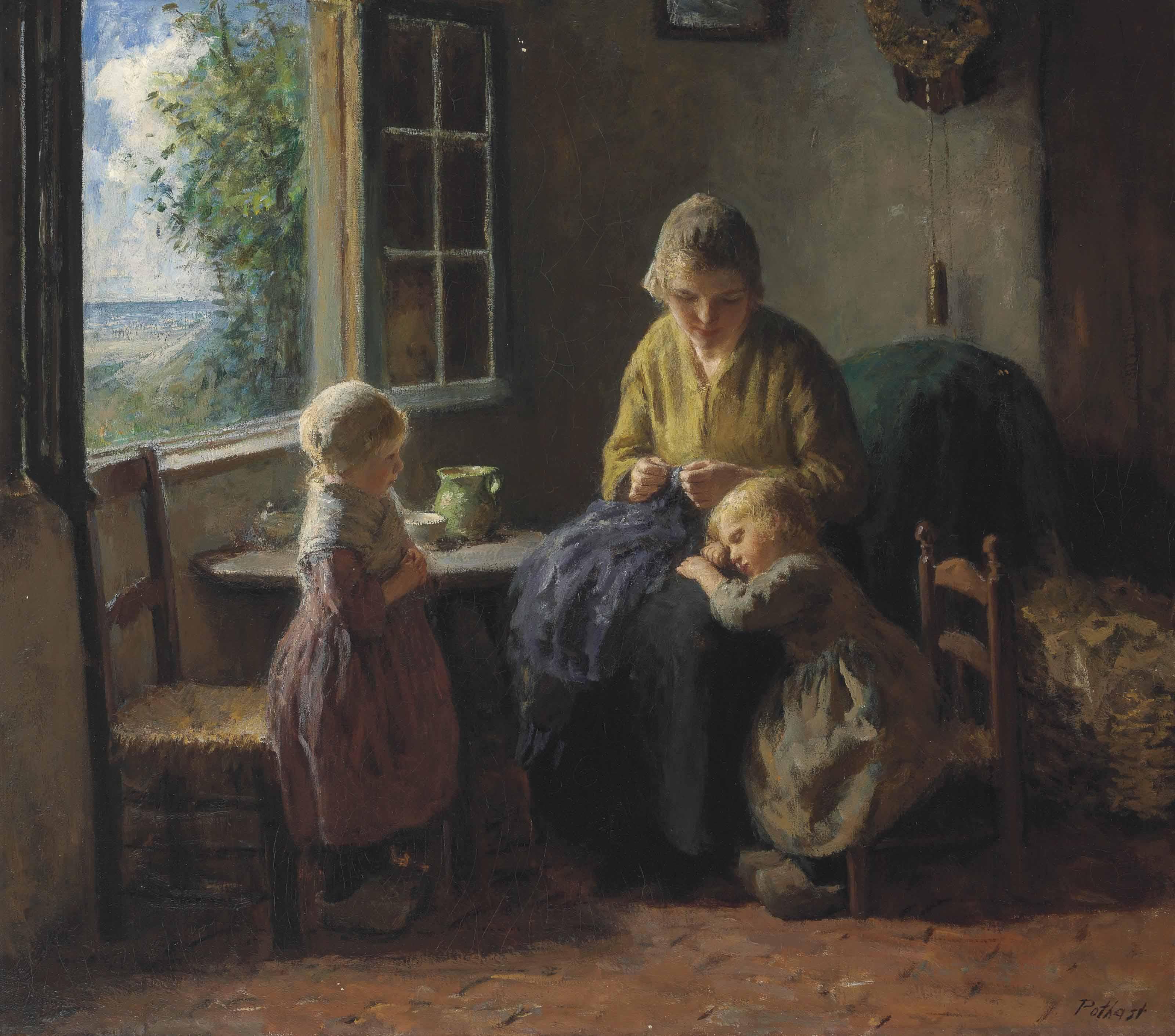 Bernhard Pothast - Young Mother and Children in an Interior