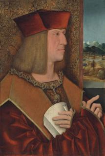 Bernhard Strigel - Portrait of Maximilian I, Holy Roman Emperor (1459-1519), half-length, in a red mantle, wearing the collar of the Order of the Golden Fleece, holding a letter, against a damask curtain, a mountainous landscape beyond