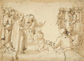 Bernhardino India - Ein Bischof segnet einen knienden Mann.